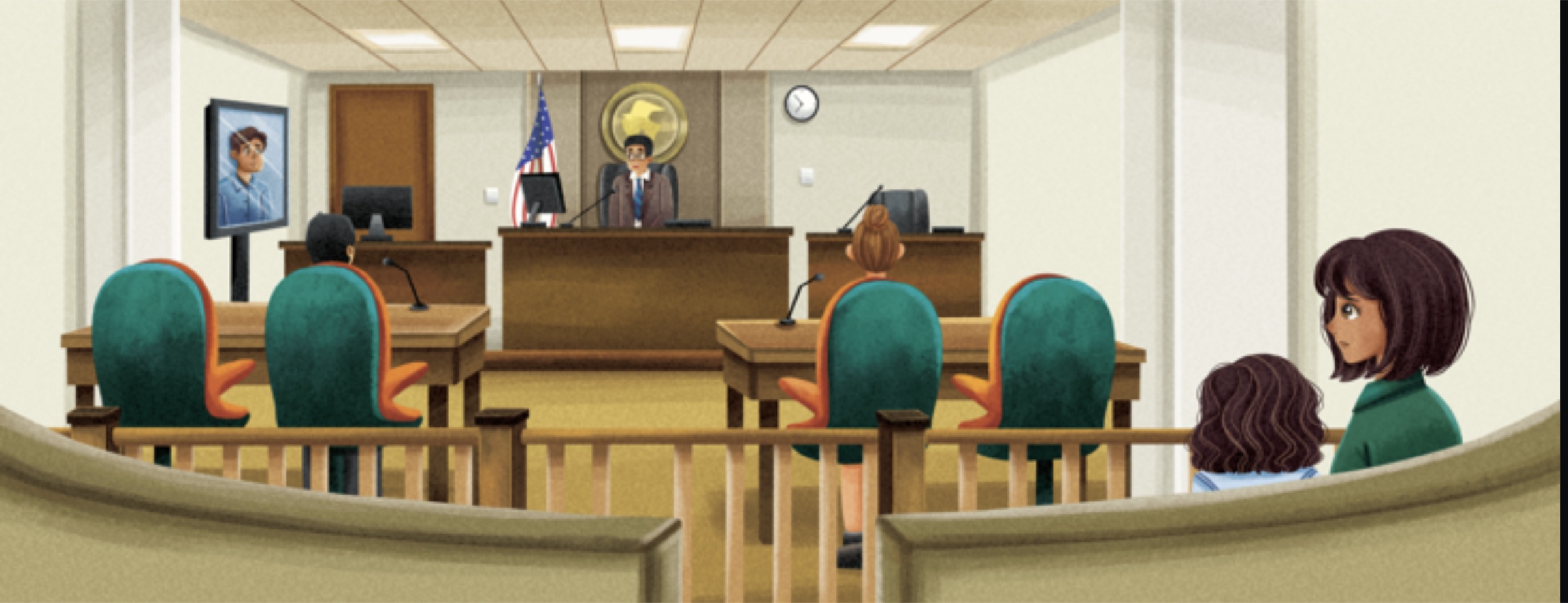 Illustrated immigration courtroom viewed from the gallery, with a judge at the bench, two counsel tables, a detained respondent appearing on a video monitor, and family members observing.